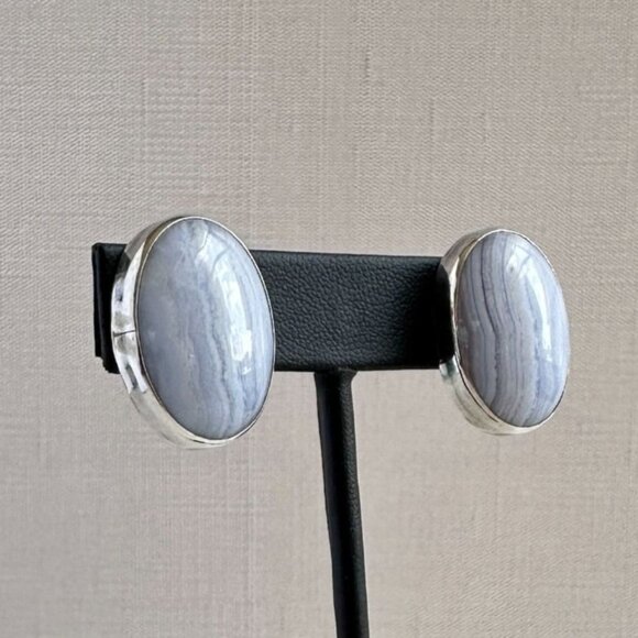 Vintage Native American Navajo Sterling Silver Blue Lace Agate Clip On Earrings - Picture 6 of 7